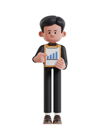 3d Illustration of Cartoon businessman shows improvement data on paper clamped to a clipboardの写真素材