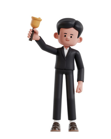 3d Illustration of Cartoon businessman holding bell to remindの写真素材
