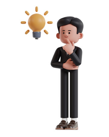 3d Illustration of Cartoon Businessman Thinking holding hand on chin looking for ideasの写真素材