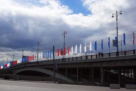 Festive flags of Russian colors waving in the wind.の写真素材