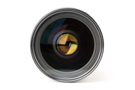 Professional grade SLR photo camera lens, front view, isolated on white.の写真素材