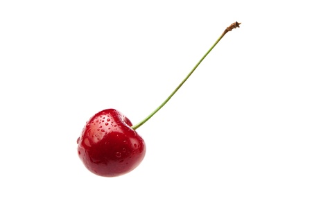 Studio photography of a wet cherry with dewdrops on it, isolated on white.
