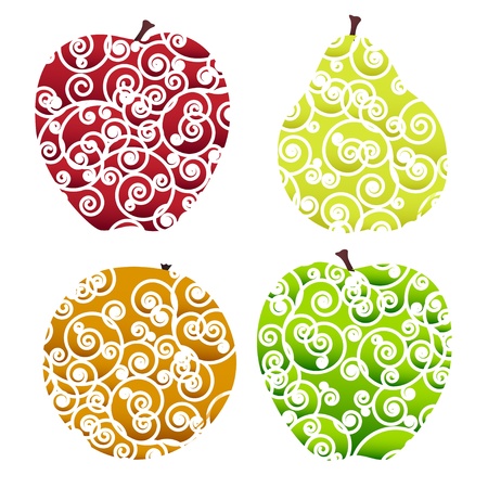 Four miscellaneous stylized ornate fruits - apples, orange and pear.のイラスト素材