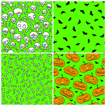 Set of four Halloween seamless patterns over acid green のイラスト素材