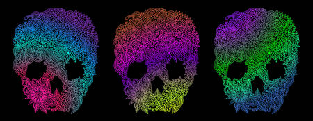 Set of doodle floral skulls over black.のイラスト素材