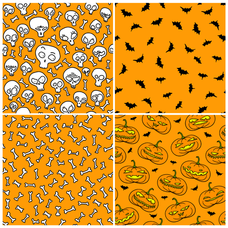 Set of four Halloween seamless patterns over traditional orange.のイラスト素材