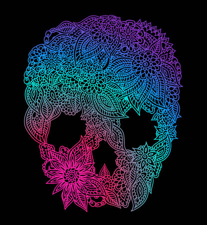 Doodle floral dark rainbow colored skull over black.のイラスト素材