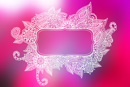 Hand drawn ornate doodle frame over abstract smooth blurry pink background.のイラスト素材