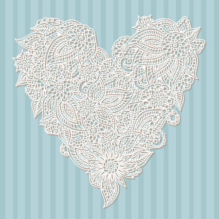 Detailed hand drawn doodle ornate white heart over pastel striped blue background.のイラスト素材
