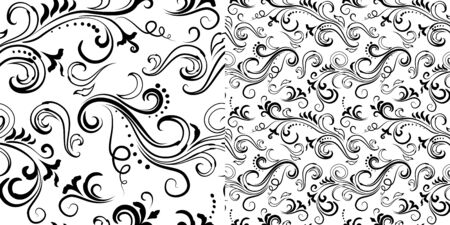 Black and white seamless swirly floral patterns set.のイラスト素材