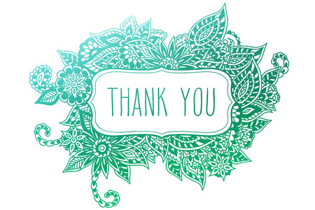 Colored ornate floral doodle frame isolated on white with hand drawn words 'thank you' on it.のイラスト素材