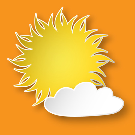 Paper bright yellow shining sun and a cloud on the orange sky.のイラスト素材