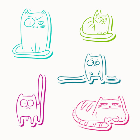 Hand drawn bright colorful sketches of funny cats isolated over white.のイラスト素材