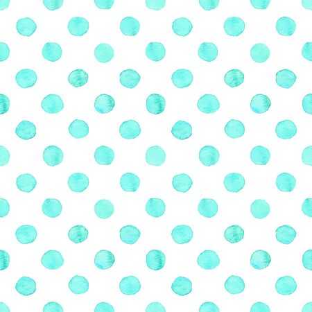 Seamless hand drawn watercolor pattern made of round aqua blue dots, isolated over white.のイラスト素材