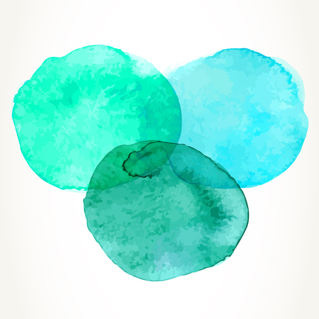 Three hand drawn colorful sea blue and green watercolor circles, isolated over white.のイラスト素材