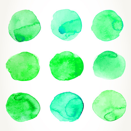 Hand drawn colorful green watercolor circles, isolated over white.のイラスト素材