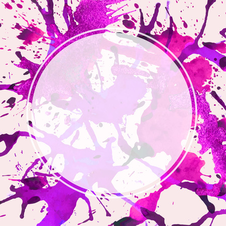 Template with semi-transparent white circle over bright purple colorful artistic paint splashes, ready for your text.のイラスト素材