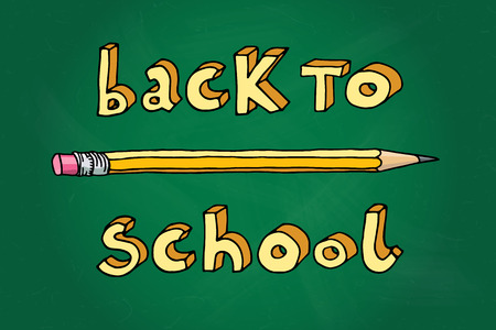 Hand drawn doodle Back to School words and a pencil over green chalkboard.のイラスト素材