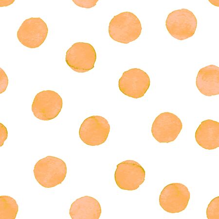 Seamless hand drawn watercolor pattern made of round orange dots, isolated over white.のイラスト素材