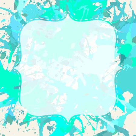 Template with semi-transparent white vintage frame over pastel colored blue and green artistic paint splashes, ready for your text.のイラスト素材