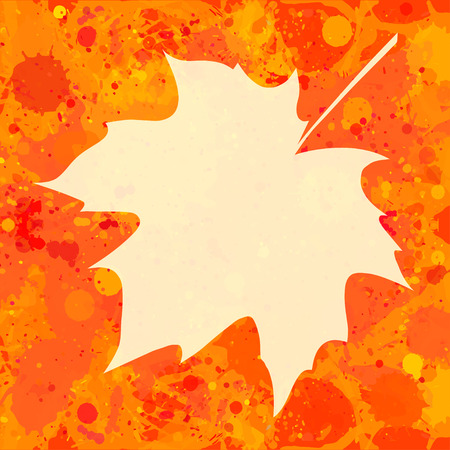 Autumn maple leaf over bright orange artistic paint background, blank frame with room for text, square format.のイラスト素材