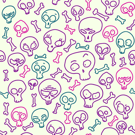 Funny skulls showing misc emotions, seamless pattern.のイラスト素材