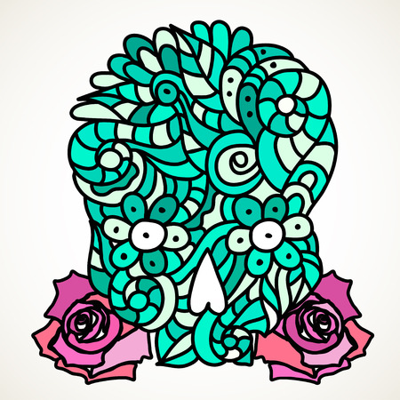 Day of The Dead or Halloween light green doodle skull with floral ornament and two pink roses.のイラスト素材