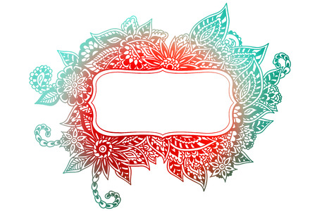 Colored ornate floral doodle frame isolated on white.のイラスト素材