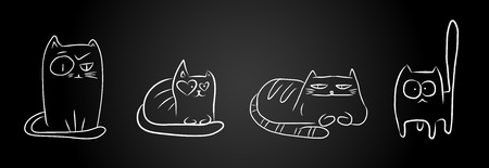 Hand drawn sketches of funny cats, white isolated over black.のイラスト素材