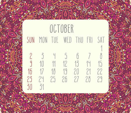 October 2016 vector monthly calendar over lacy doodle hand drawn background, week starting from Sunday.のイラスト素材