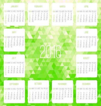 Year 2016 vector monthly calendar. Week starting from Sunday. Contemporary low poly design in bright green color.のイラスト素材