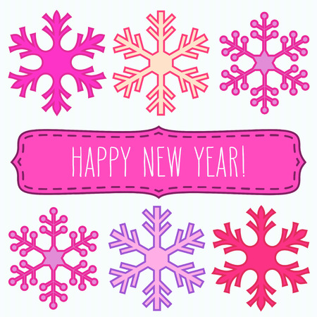 Two rows of pink snowflakes and a frame with New Year greetings.のイラスト素材
