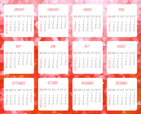 Year 2016 vector monthly calendar. Week starting from Sunday. Contemporary low poly design in red color.のイラスト素材