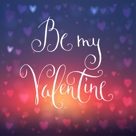 Square abstract blur blue and red background with heart-shaped lights over it and hand written Valentine's day greetings.のイラスト素材
