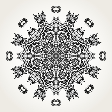 Ornate lacy doodle floral round rosette in black over white backgrounds. Hand drawn mandala. Coloring pages for adults.のイラスト素材