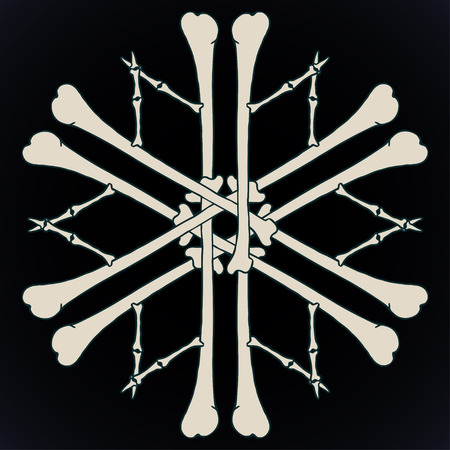 Vector snowflake made of bones in beige isolated over black background.