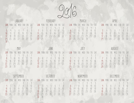 Year 2016 vector monthly calendar over textured gray watercolor background. Week starting from Sunday.のイラスト素材