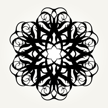 Ornate doodle round rosette in black over white backgrounds. Mandala formed with hand drawn calligraphic elements.のイラスト素材