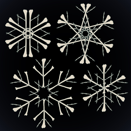 Set of vector snowflakes made of bones in beige isolated over black background.のイラスト素材