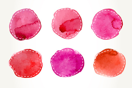 Hand drawn red and pink watercolor circles with dash outline, isolated over white.のイラスト素材