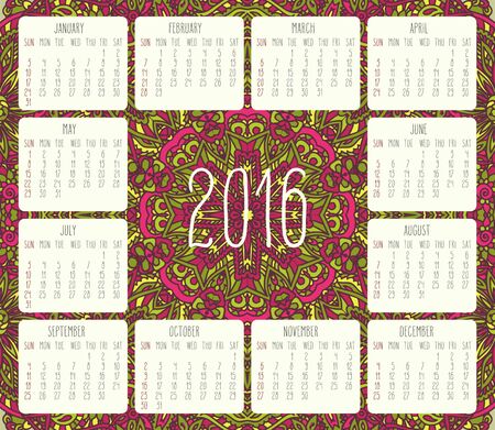 Year 2016 vector monthly calendar over lacy doodle hand drawn background, week starting from Sunday.のイラスト素材