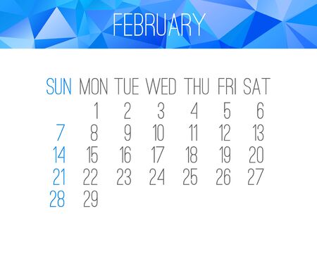 February 2016 vector monthly calendar. Week starting from Sunday. Contemporary low poly design in blue color.のイラスト素材