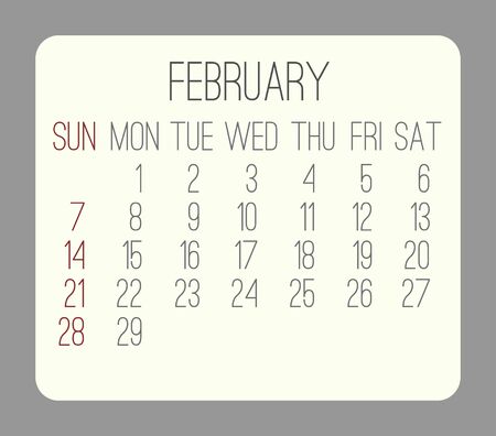 February 2016 vector monthly calendar. Week starting from Sunday. Beige rounded rectangle over gray background.のイラスト素材
