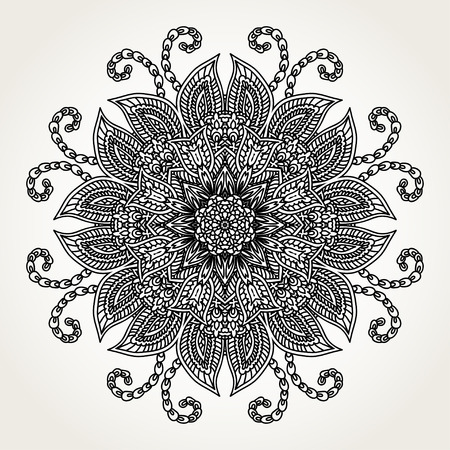 Ornate lacy doodle floral round rosette in black over white backgrounds. Hand drawn mandala. Coloring pages for adults.のイラスト素材