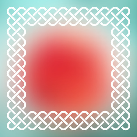 Traditional style braided knot celtic frame over square abstract smooth blur green and red background.のイラスト素材