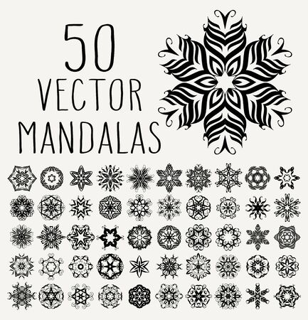 Set of ornate lacy doodle floral round rosettes in black over white backgrounds. Mandalas formed with hand drawn calligraphic elements.のイラスト素材