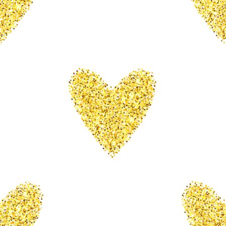 Gold glitter heart seamless pattern over white background. Happy Valentines Day golden glamour sparkle background.のイラスト素材