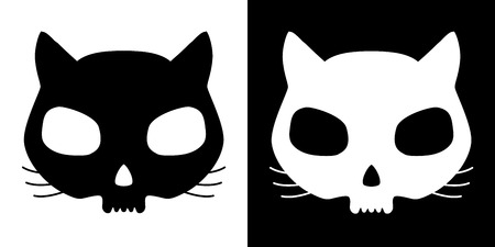 Set of funny cat skulls silhouettes in black and white.のイラスト素材