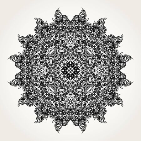 Ornate lacy doodle floral round rosette in black over white backgrounds. Hand drawn mandala. Coloring pages for adults.のイラスト素材