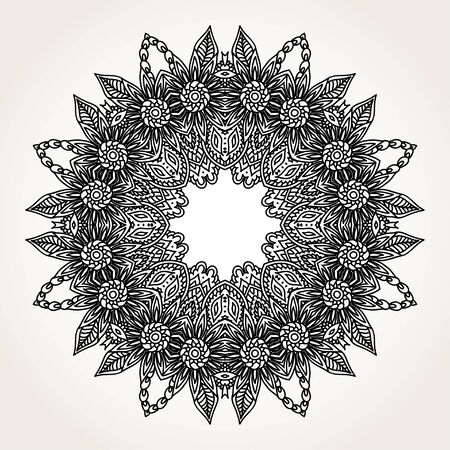Ornate lacy doodle floral round rosette in black over white backgrounds. Hand drawn mandala. Coloring pages for adults.のイラスト素材